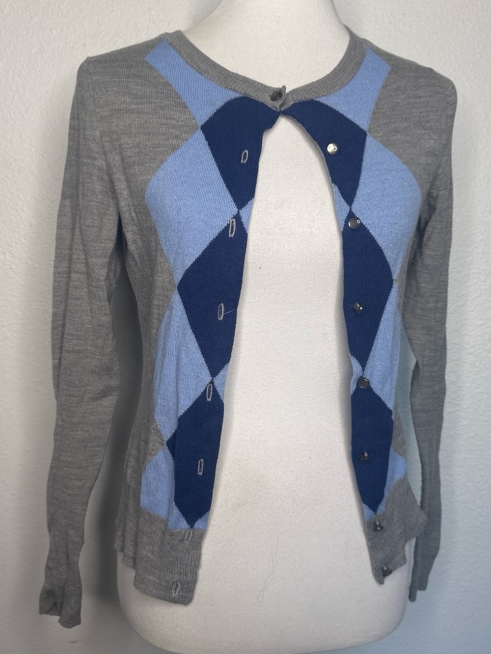 New York & Company Gray and Blue Argyle Cardigan